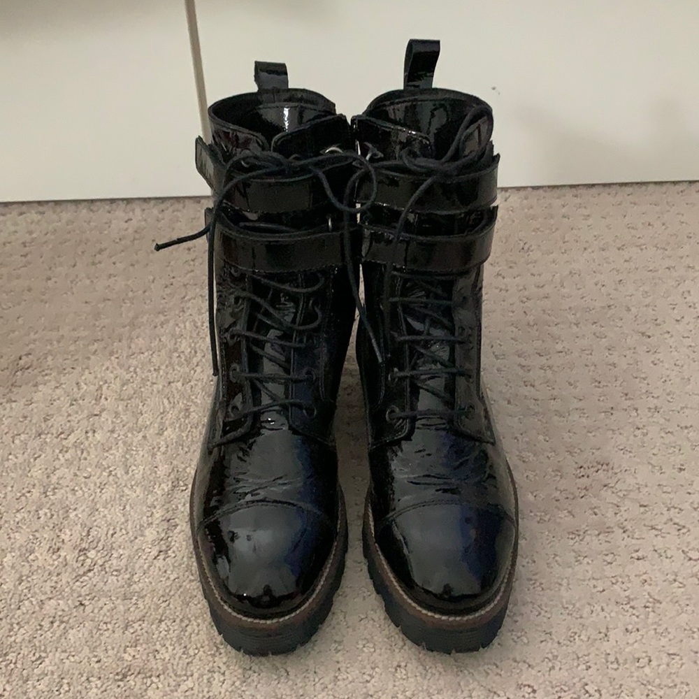 Shellys London back patent combat boots